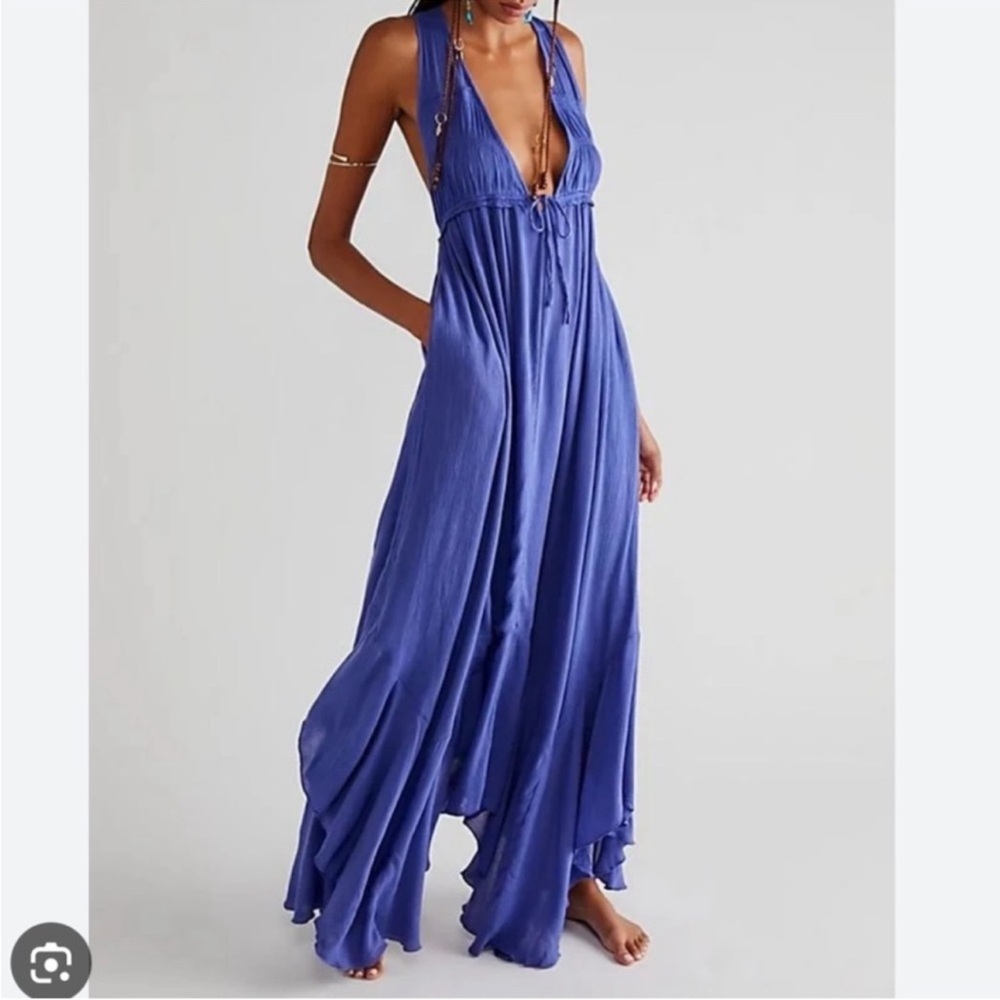 FREE PEOPLE | Asymmetrical Babydoll V Neck Gauzy Crinkle Maxi Dress | Small